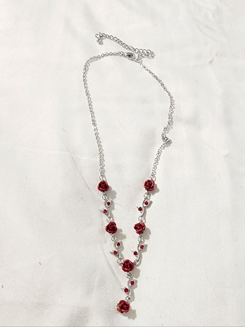 Silver Necklace with Red Rose Accents - Women's Jewelry